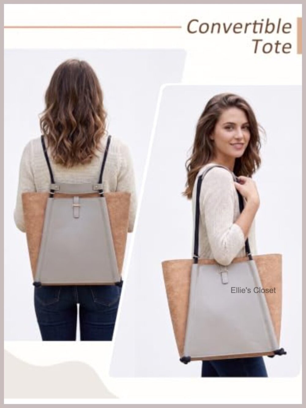 Cork Leather Work Travel Tote Bag for Women Convertible Backpack Top Handle - Picture 4 of 6